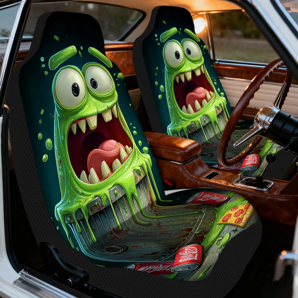 2pcs Green Monster Grin Trash Can Print Car Seat Covers, Full Set Fit Washable Front Seat Covers, Auto Interior Decoration Acce