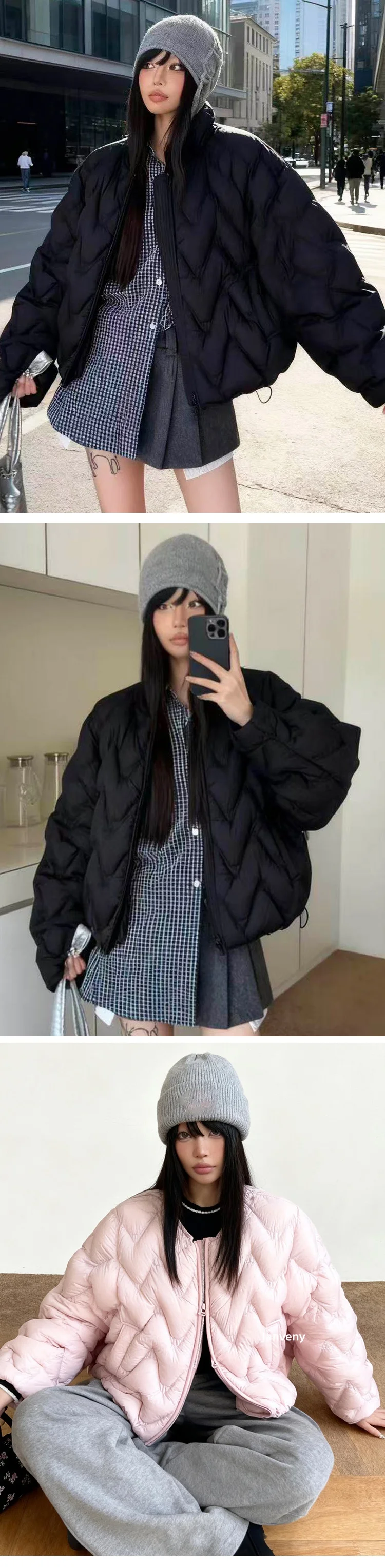 Janveny 2026 New Autumn Winter Lightweight Wave Quilted Puffer Jacket Women Loose Round Neck Short White Duck Down Coat Outwear