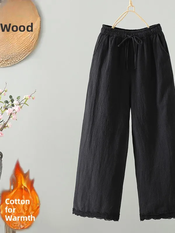 Casual katoenen broek Hoge taille Rechte pijpen Losvallend Ademend Huidvriendelijk Kant Splitsen Veelzijdig linnen Herfst Winter Sle