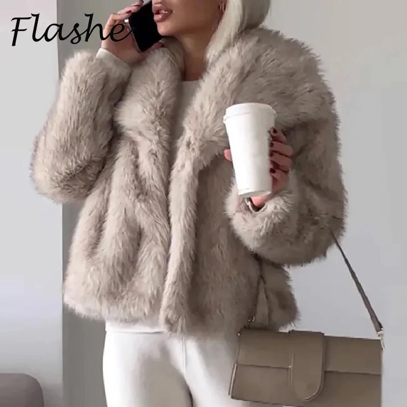 

Women's Short Jacket Artificial Fluffy Fur Coat Women High Street Faux Fox Fur Jacket Female Overcoats Autumn Winter Warm Coats