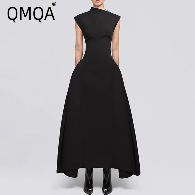 QMQA Fashion Women's Evening Elegant Dress Diagonal Collar Sleeveless Slimming Ankle-length Dresses 2025 New Clothing 1A255