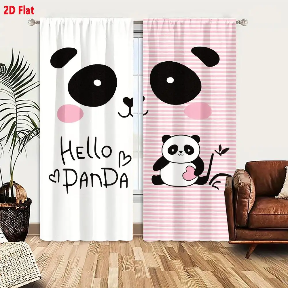 2Pcs Curtains 2D Flat Hello Panda Stylized Panda Face With Pink Cheeks And Full Cartoon Panda Holding Heart On Light Pink Stripe