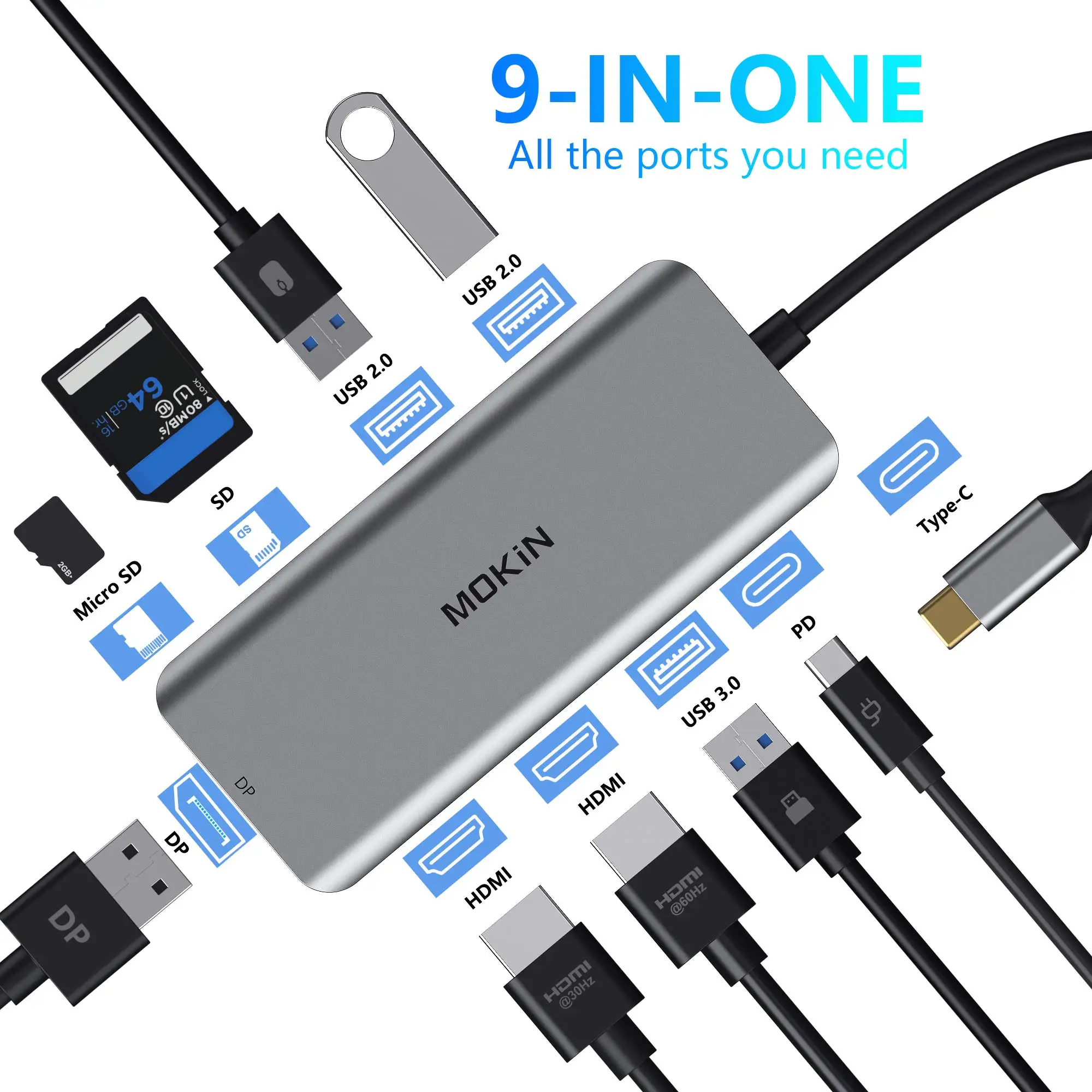 Docking Station, USB C Adapter, 9 in 1 Triple Display Multiport Dongle with 2 HDMI 4K, DisplayPort, 3 USB, 100W PD, SD/TF Card