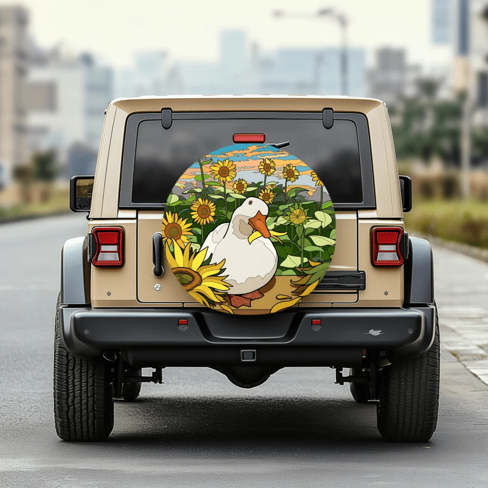 Sunflower And White Duck Pattern 30/34 Inch Multi-Functional Tire Cover, Suitable For Jeeps, Trailers, RVs, Off-Road Vehicles, T