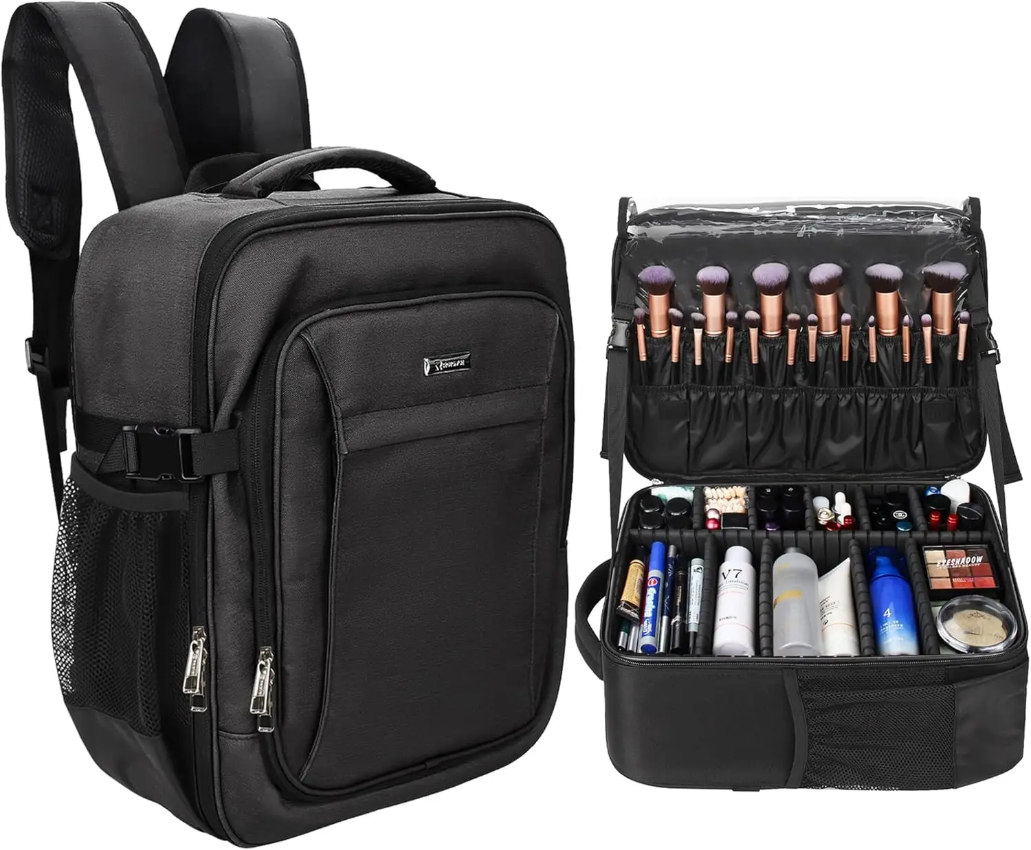 

Professional Travel Makeup Backpack for Women, Large Cosmetic Organizer with Adjustable Dividers and Brush Storage