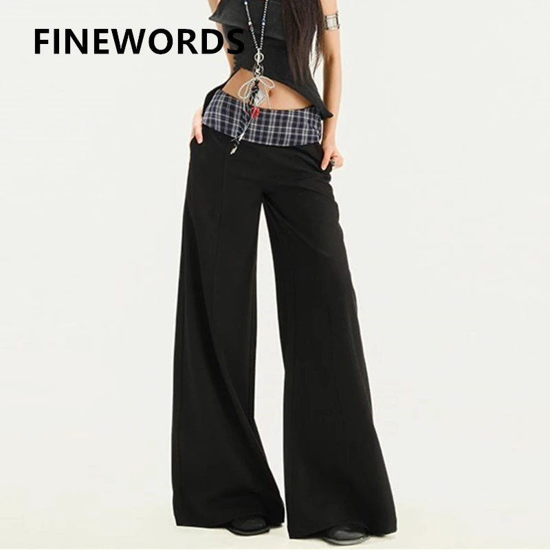 

FINEWORDS винтажные повседневные черные брюки женские мешковатые брюки с высокой талией свободные уличные брюки полной длины с широкими штанинами
