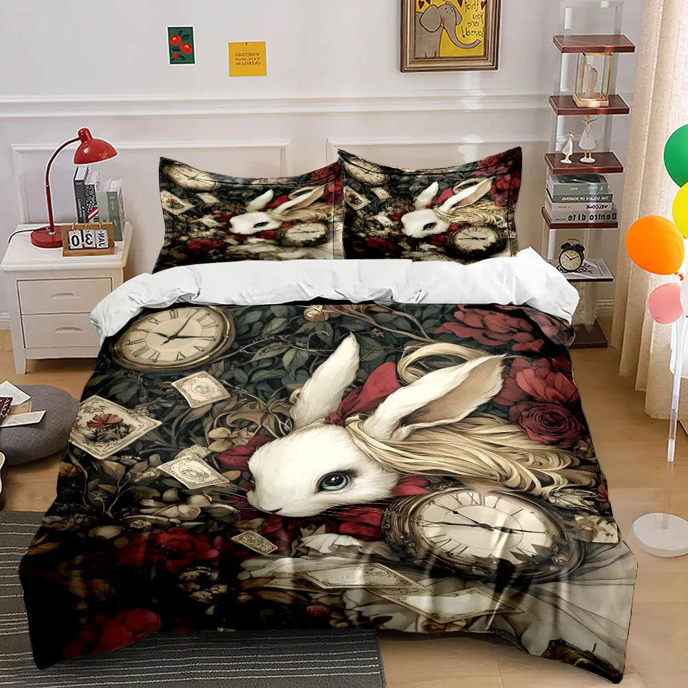 Mysteriöses Kaninchen mit Vintage-Elementen, bedrucktes Bettbezug-Set, 1 Bettbezug + 2 Kissenbezüge, Bettwäsche-Dekor für Schlafzimmer in verschiedenen Größen