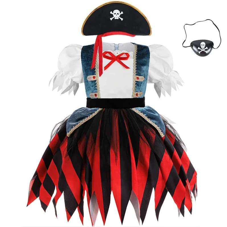 

Halloween Girls Cosplay Pirate Captain Perform Clothes and hat eyescap Girls Party Dresses Carnival Disguise Ball Gown Girl Pri