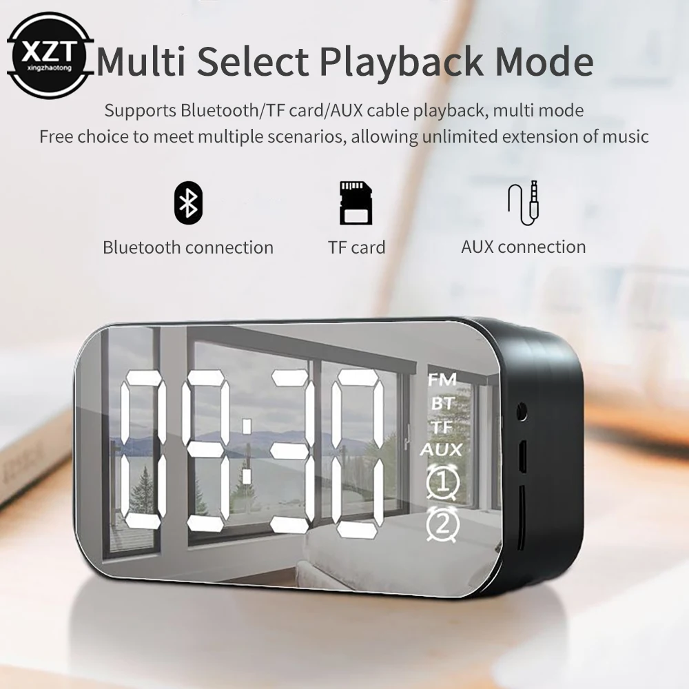 Mirror Wireless Bluetooth Speaker with FM Radio Mini Portable Card Mirror Sound Box with Alarm Clock for Mobile Phone Computer