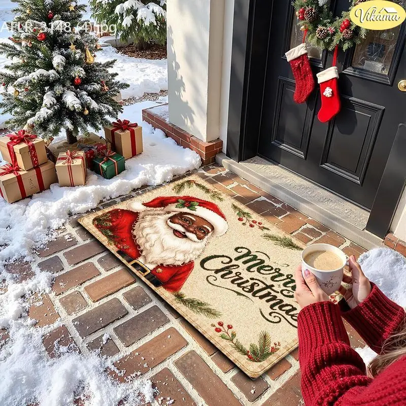VIKAMA Black Santa Merry Christmas Entryway Rug Non Slip Low Profile Mats for Outside Front Door Xmas Winter Decor Soft