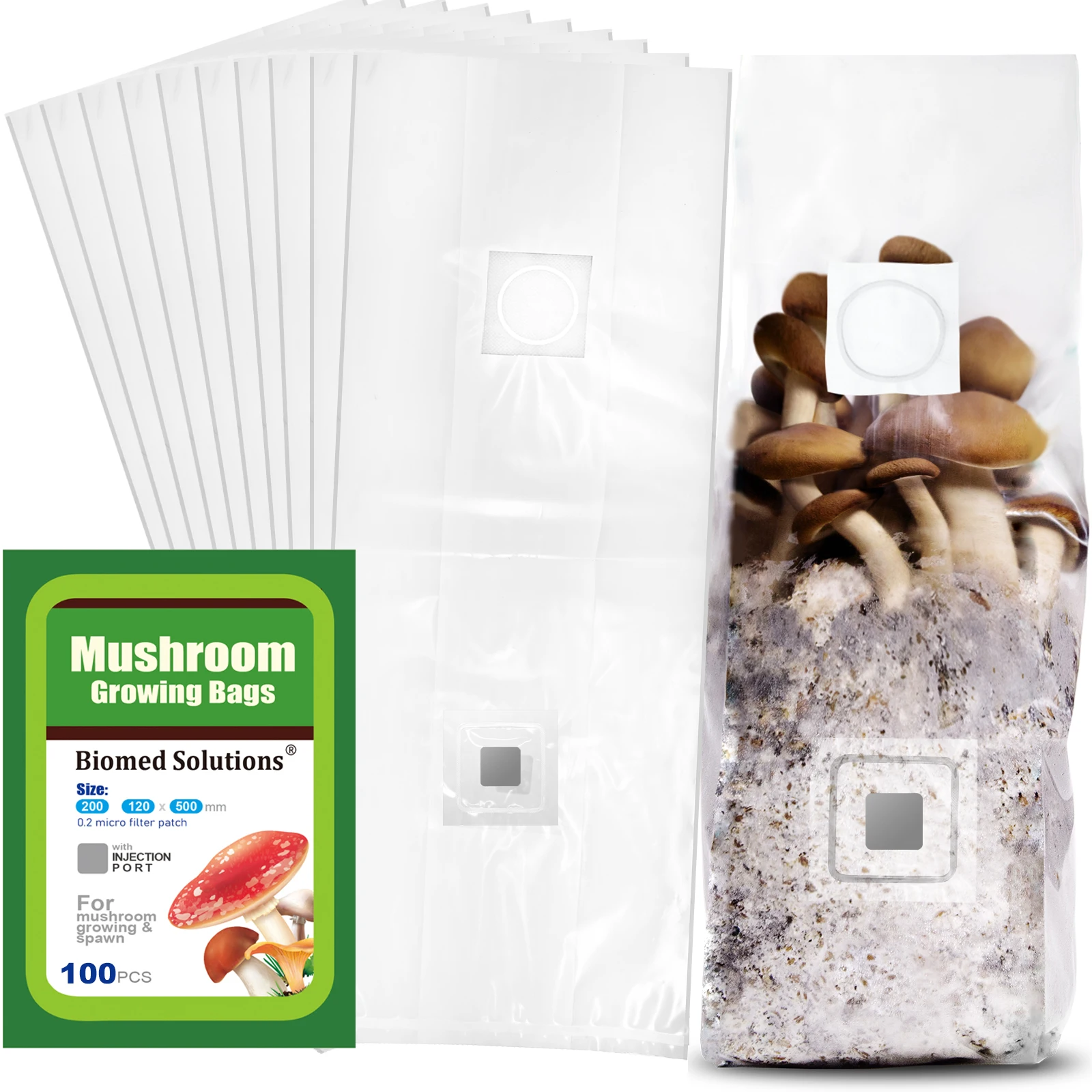 Mushroom Grow Bags with Injection Port and 0.2 Micron Gas Exchange Filter, 6 Mil Polystyrene Grow Bag for Cultivation,30/100PCS