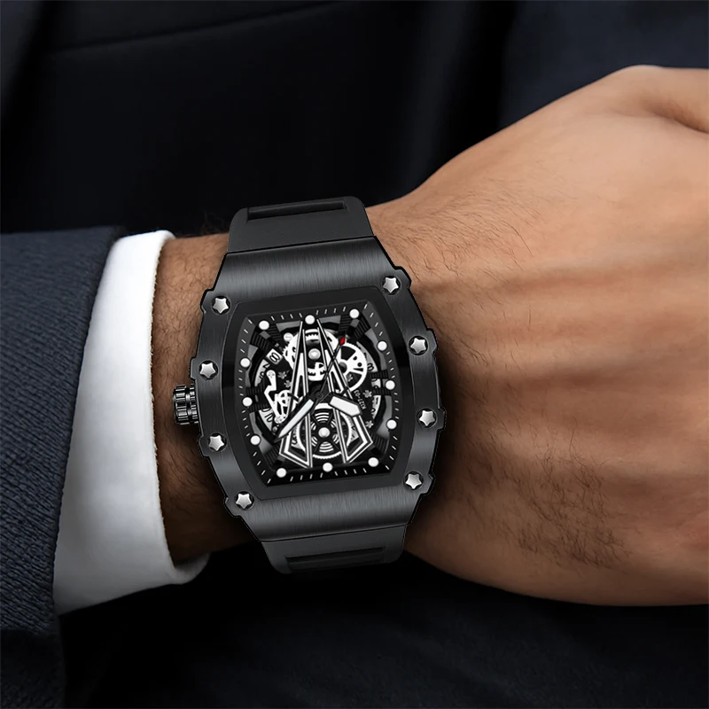 1pcs Men's Black Tape Sports Style Versatile Calendar Inverted Triangle Wine Bucket Quartz Watch