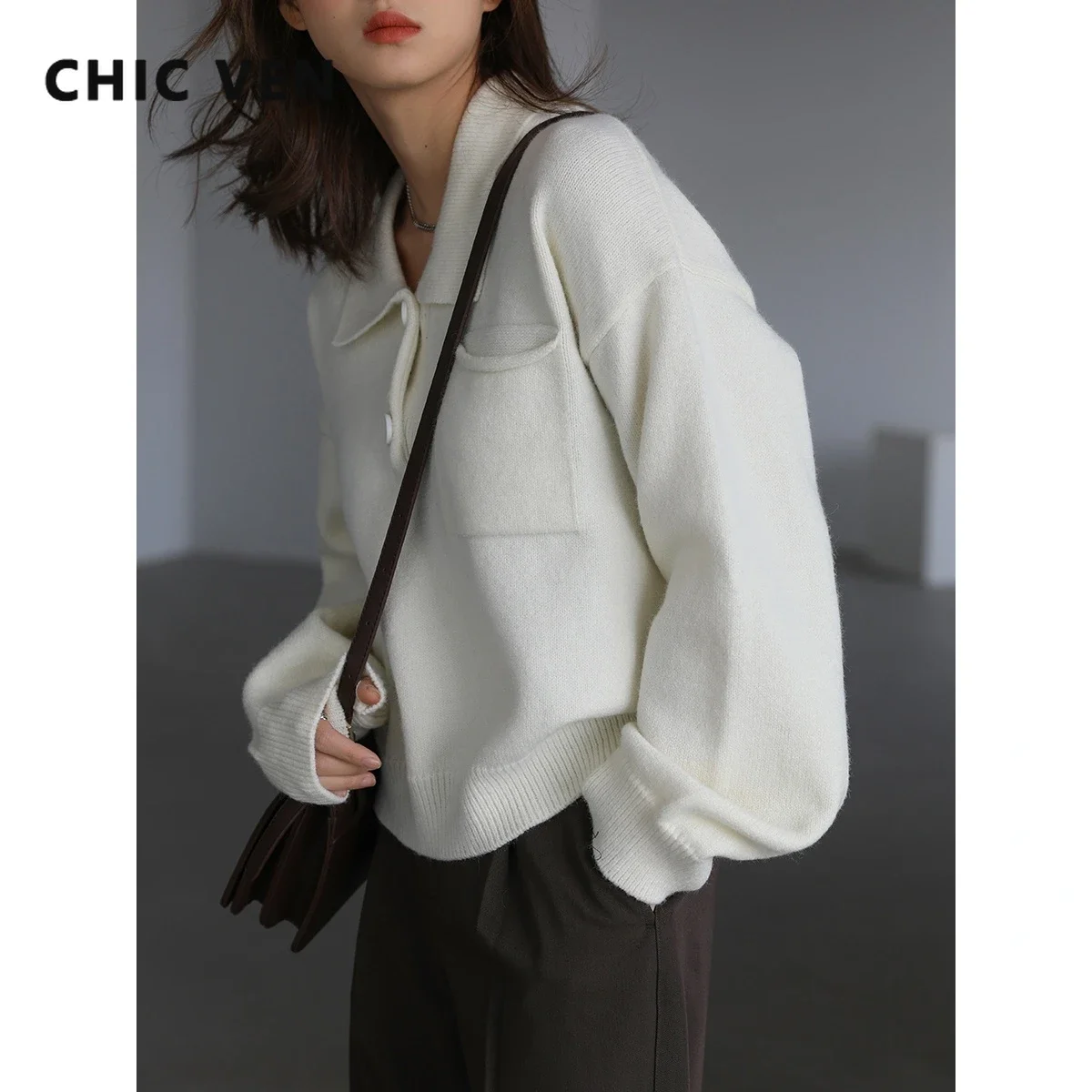 CHIC VEN Fashion Vintage Polo Collar Short Sweater Solid Straight Women\'s White Jumpers Office Lady Pullovers Spring Autumn 2022