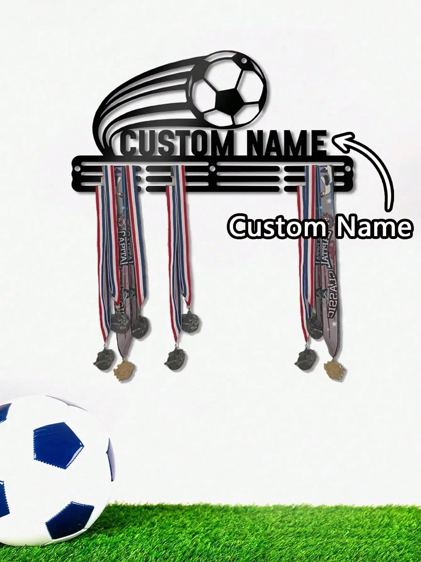 

Custom Medal Display Rack, Soccer Ribbon Holder for Wall, Personalized Award Hanger for Athlete Gifts, Unique Living Room Decor