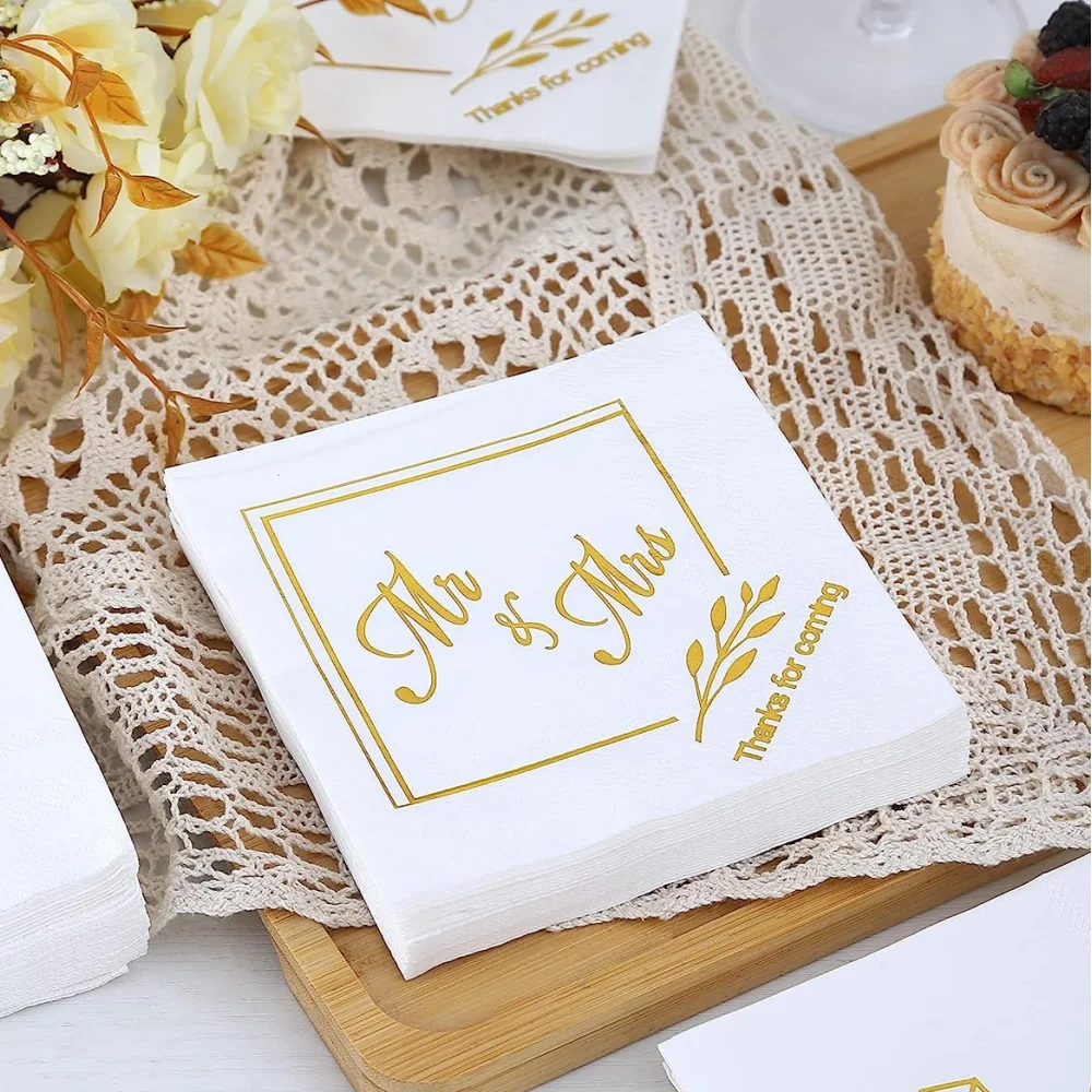 

50pcs Custom Gold Foil Wedding Napkins for Wedding Reception - Mr and Mrs Napkins Wedding Cocktail Napkins Beverage Dessert