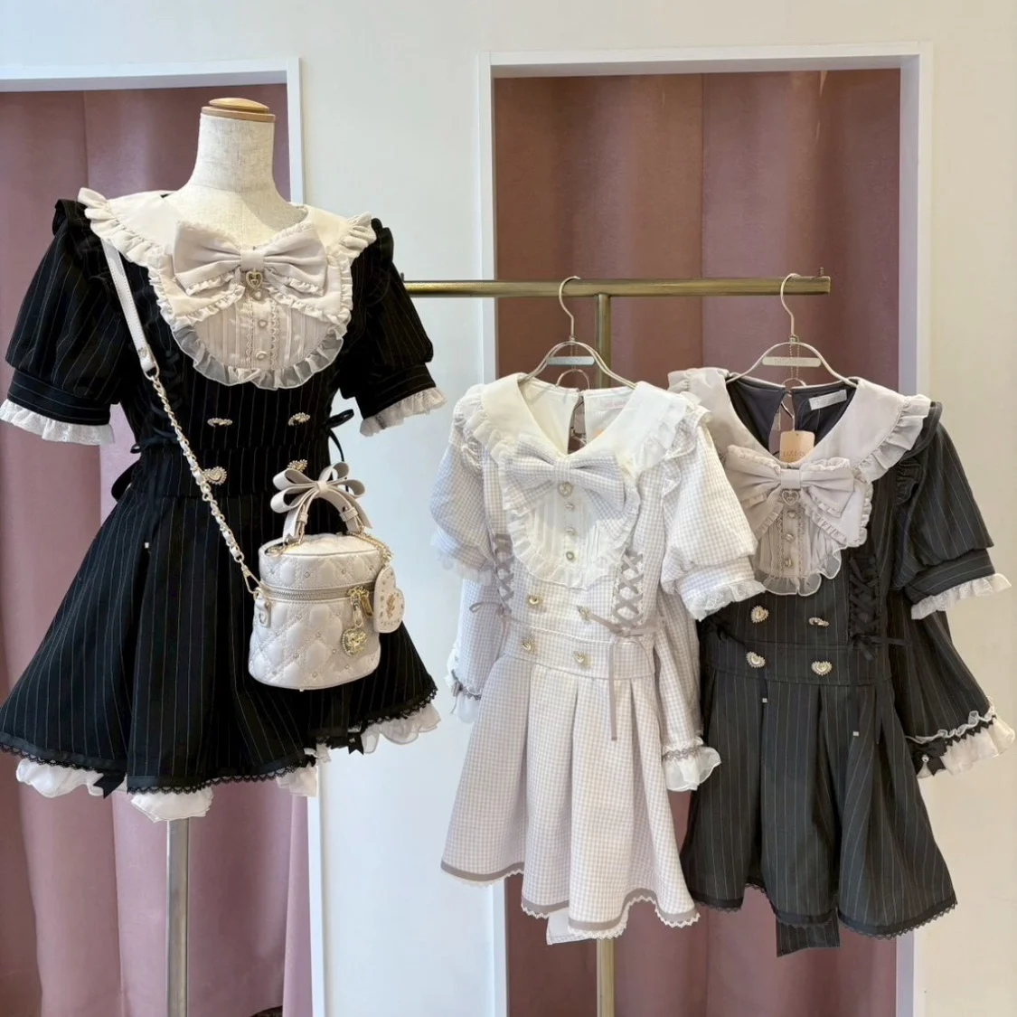 

Japanese Style Sweet Kawaii Lolita 2 Piece Set Women's Short Sleeve Bow Stripe Dress + Mini Skirt Subculture Harajuku Party Set