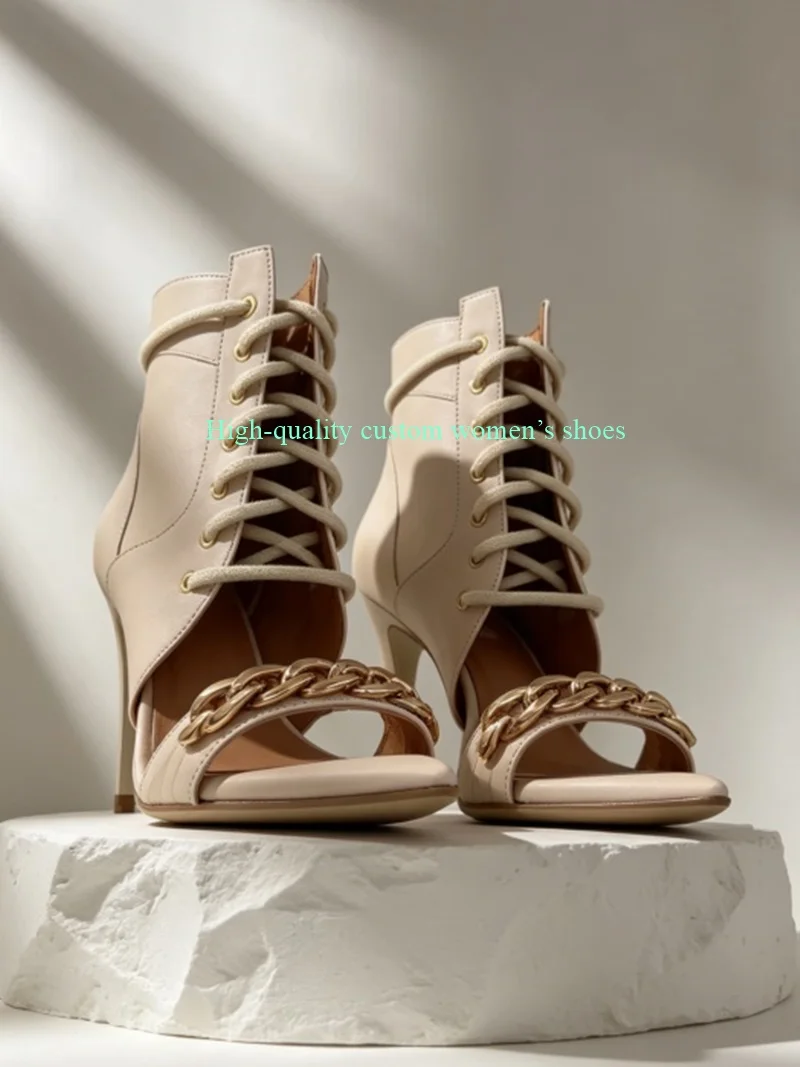 

Instep Metal Chain Decoration Summer Ankle Boots Cross Straps Hollow Out Leather High-Heeled Sandals Luxury Women's Shoes