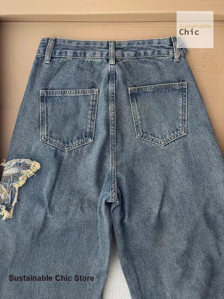 Pantalones vaqueros de pierna ancha bordados con lazo crudo retro americano para mujer Otoño e Invierno nueva moda Spice Girl pantalones de encaje de calle alta.