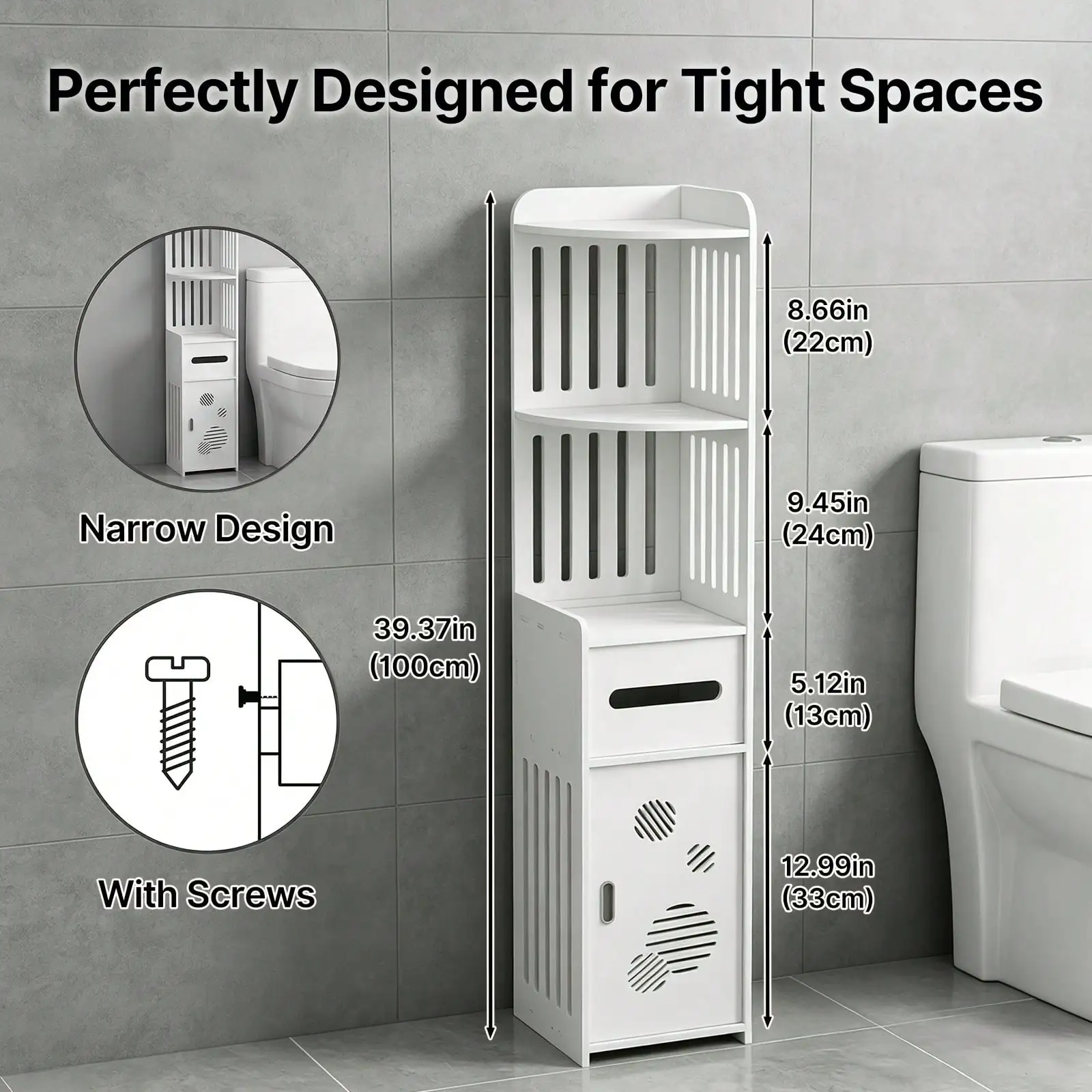 Slim Bathroom Storage Cabinet Narrow Corner Storage Rack, Ventilated White PVC Tall Cabinet With Built-In Toilet Paper Holder, Space Efficient Minimalist Furniture For Home & Commercial Use, Minimalist Narrow Space Organizer Rack