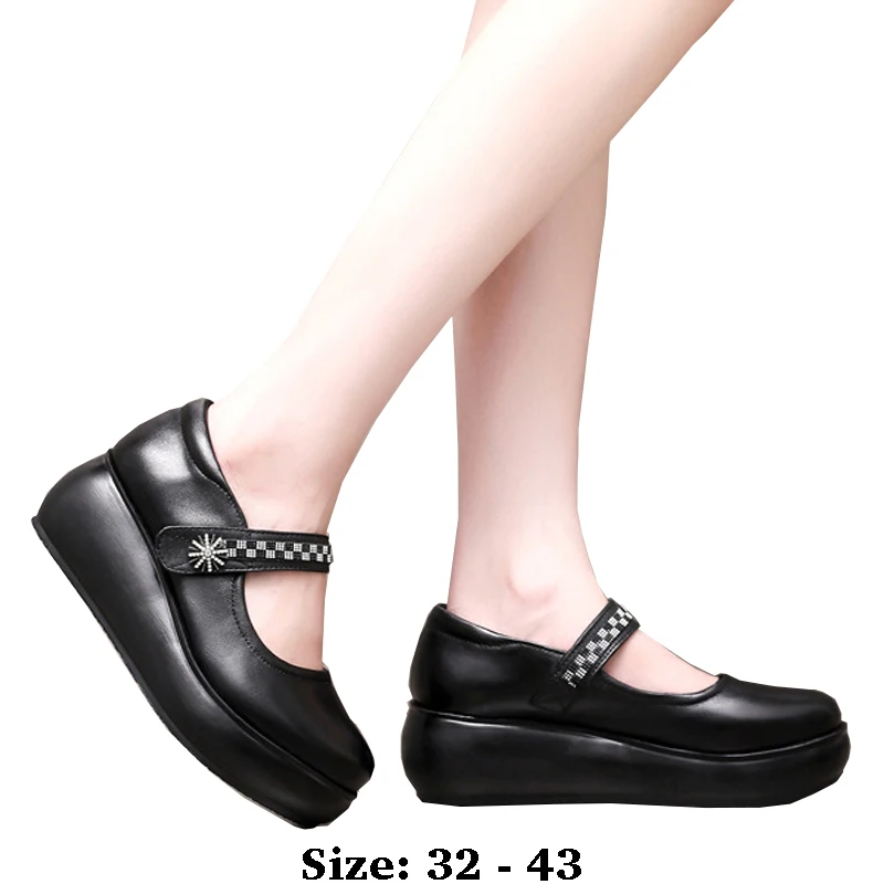 

high quality leather wedge shoe for women 6cm mid heel platform round toe 32 33 43 elegant and fashion shoe black