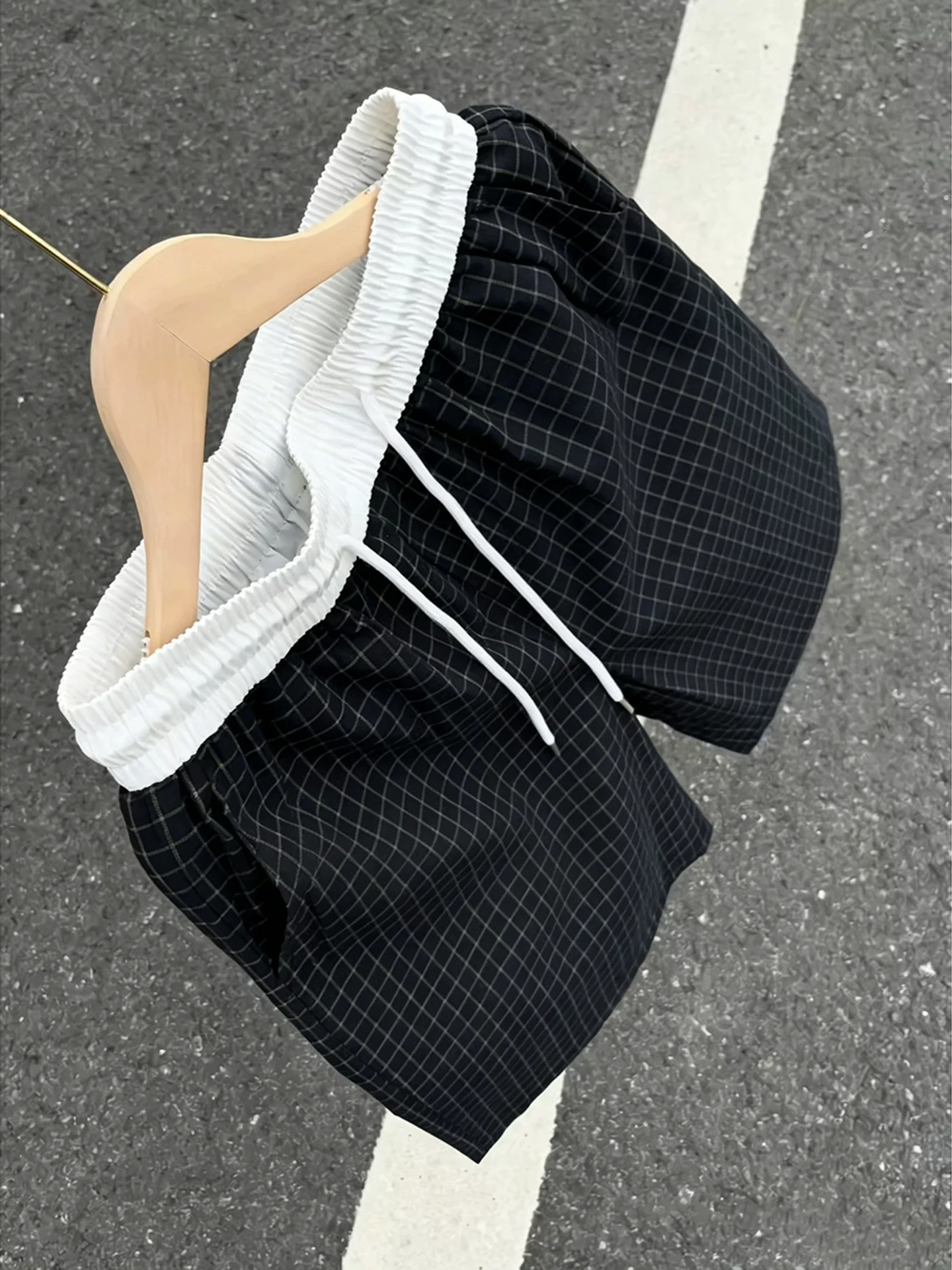 Summer Thin American Retro Loose Fit Plaid Shorts Men's Casual Five-Quarter Length Polyester Cotton Blend Straight Leg Shorts