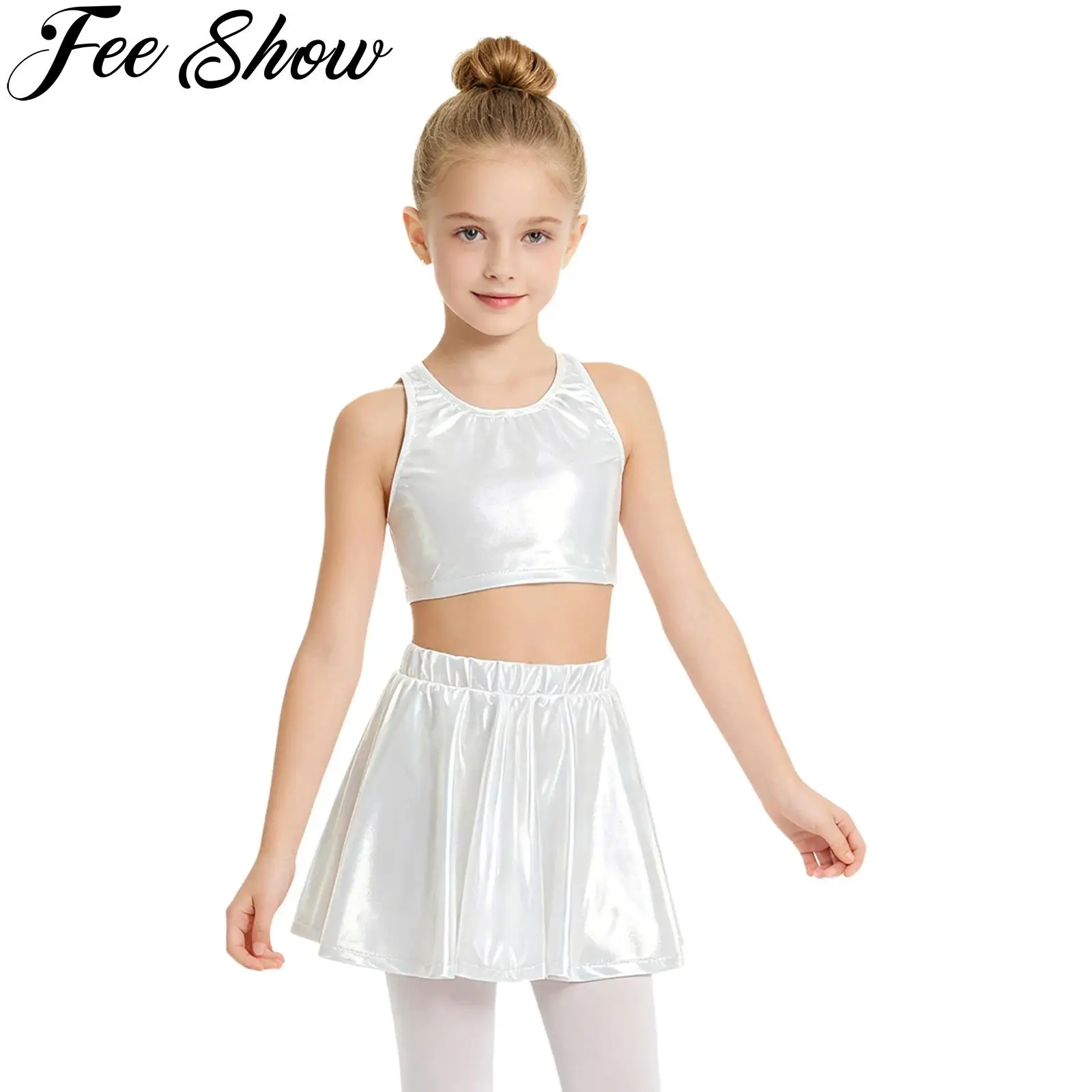 Kids Girls Jazz Hip Hop Dance Stage Outfit Metallic Glossy Sleeveless Crop Top Vest with Skirt Cheerleading Performance Costume