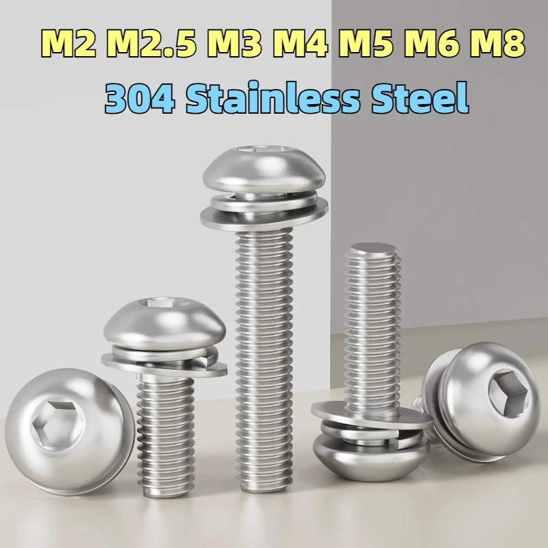 M2 M2.5 M3 M4 M5 M6 M8 304 Stainless Steel Hexagon Hex Socket Button Head SEM Screw Bolt With Flat Spring Washer Combination