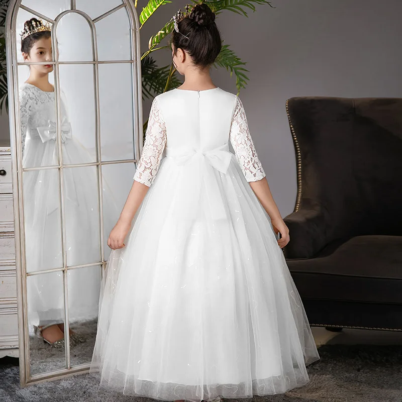 Robe blanche longue en tulle de dentelle à paillettes pour filles, robes de demoiselle d'honneur, fête d'anniversaire, banquet, mariage de première communion