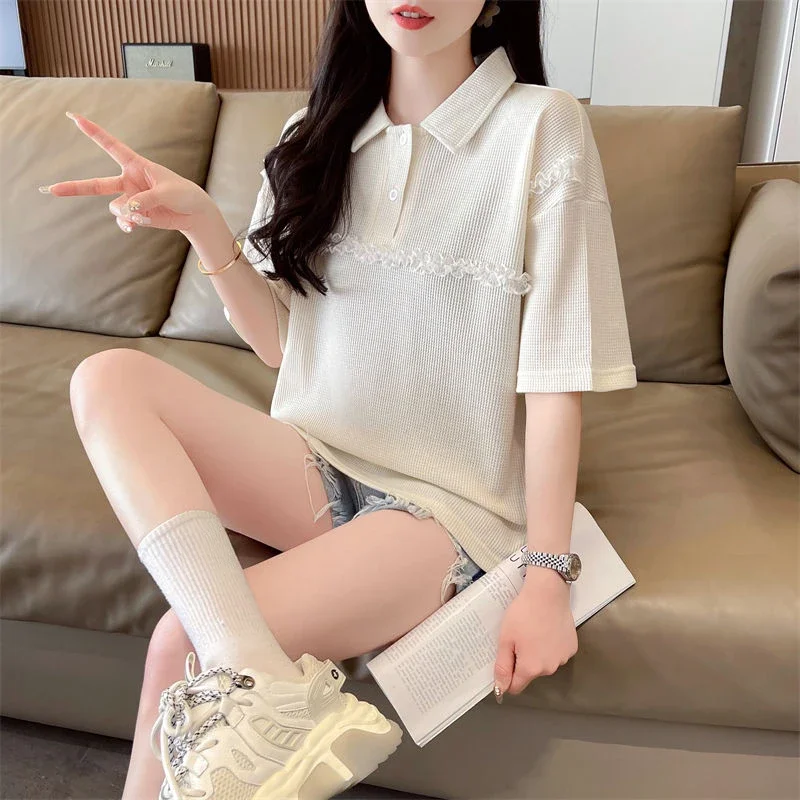 التلبيب زر تي شيرت الصيف الزي قصيرة الأكمام المرأة القمصان عالية الجودة ملابس كاجوال موضة عادي فضفاض كوع تي أنثى