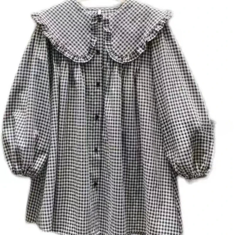 Damenhemden, einfarbig, mit langen Puffärmeln, Peter-Pan-Kragen, koreanischer Stil, modische Oberteile, Retro-Damenbluse, schlicht, lässig, vielseitig kombinierbar. – Detail 8