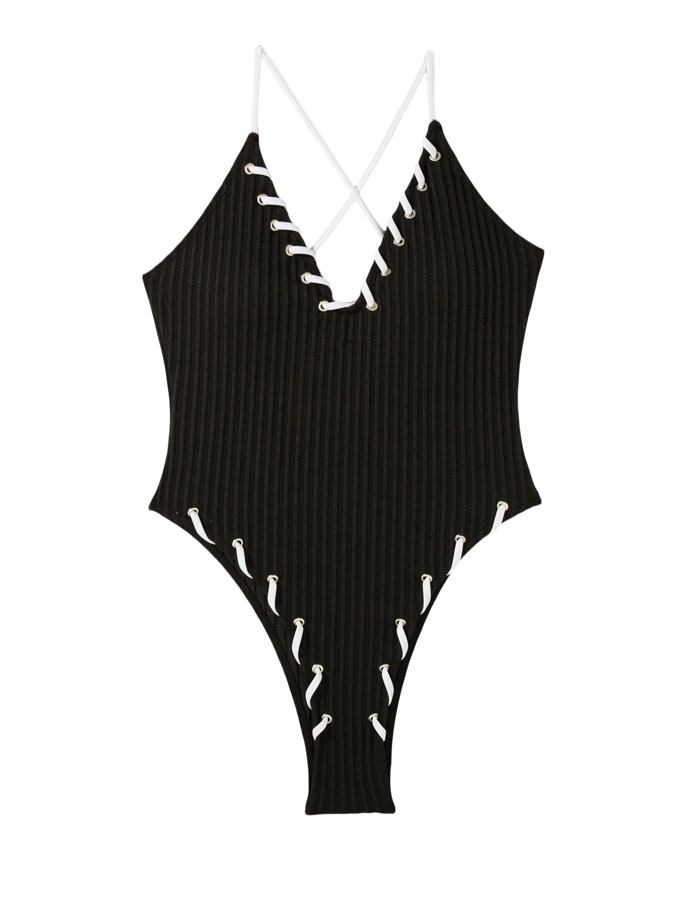 สีดํา Ribbed ลึก V คอผู้หญิงชุดว่ายน้ําข้ามสายรัดด้านหลัง One Piece เซ็กซี่บิกินี่ตาไก่สายรัดผู้หญิงชายหาดชุดว่ายน้ํา