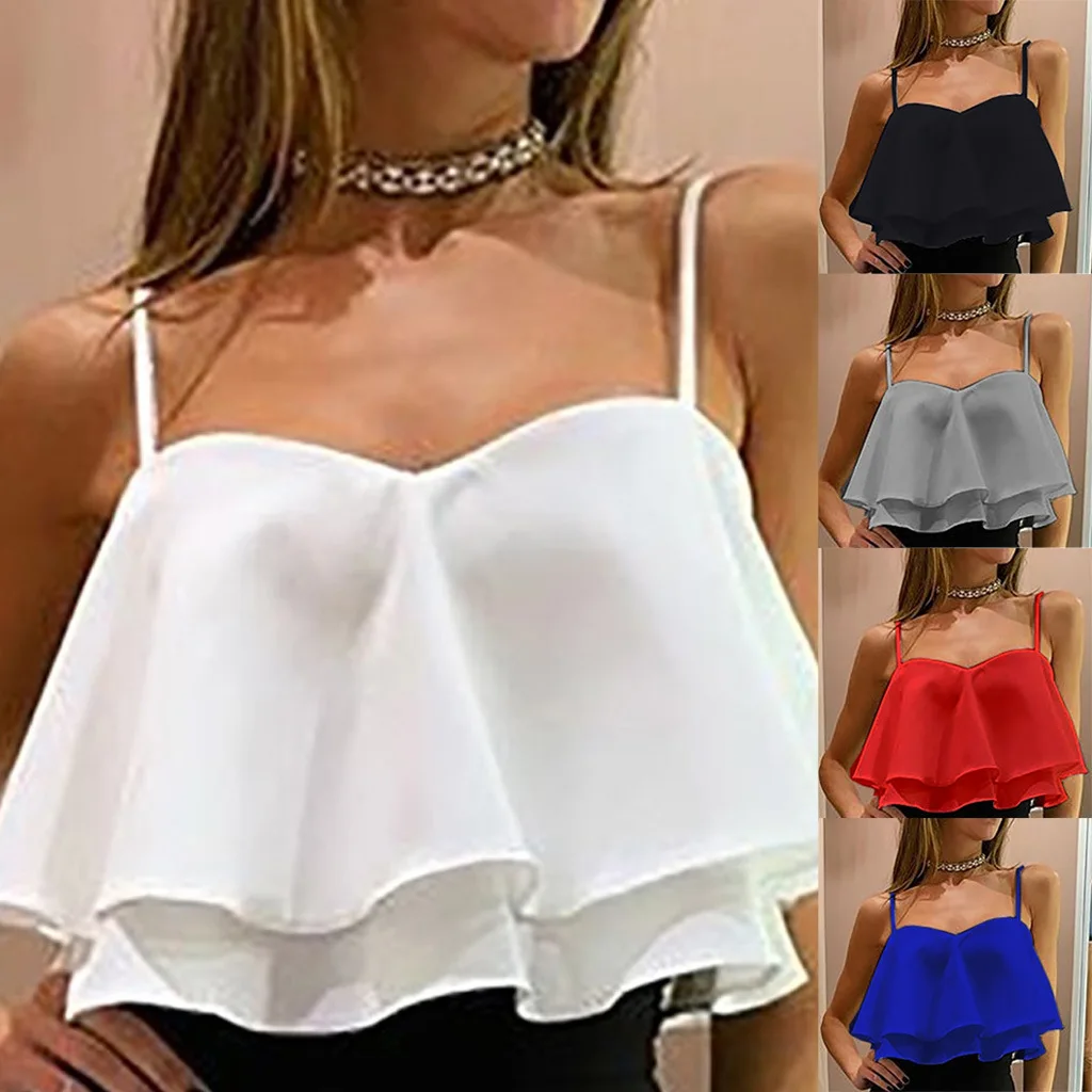 Top da donna alla moda Solido versatile sciolto increspato sexy con spalle scoperte Crop Top senza maniche in chiffon Canotta Mujer