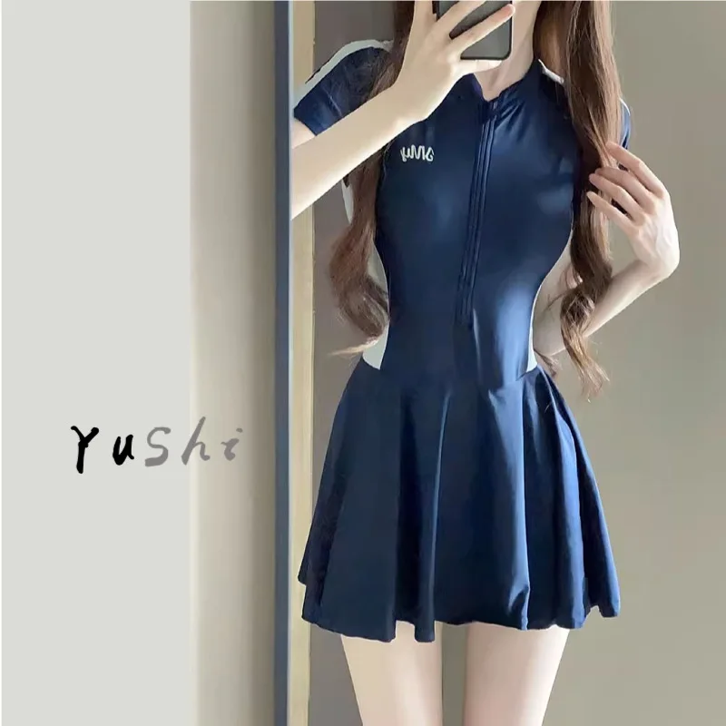 Women Swim Dress Modest Short Sleeve Tummy Control Sun Protection Sports Swimsuit Hot Spring