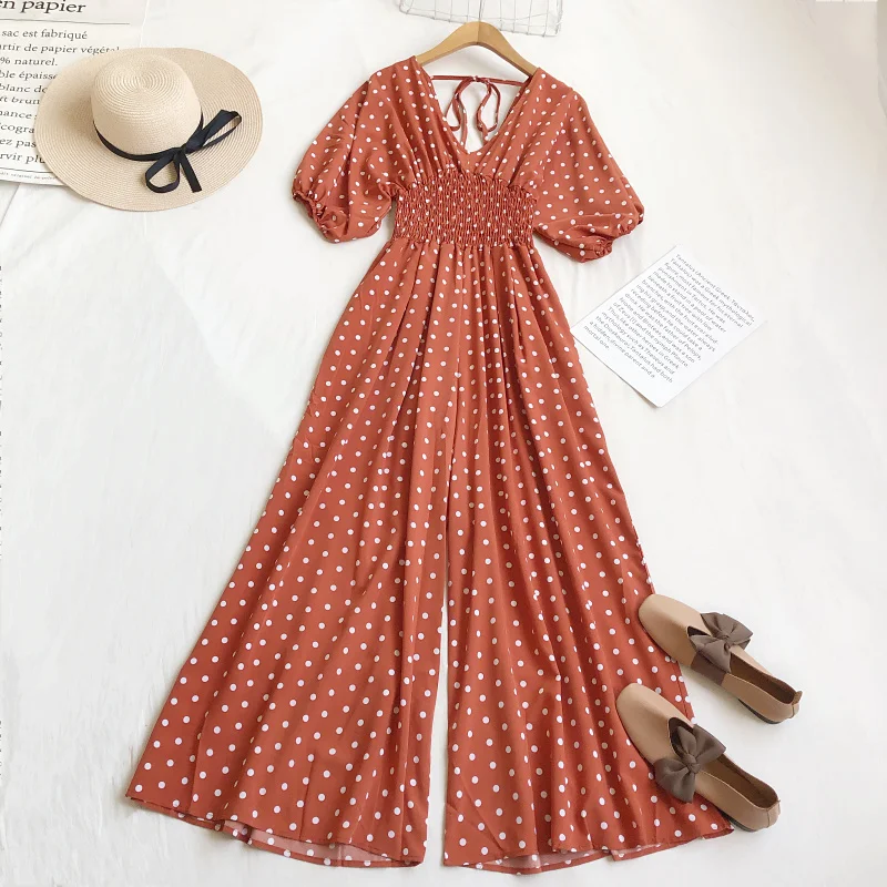 2026 New Summer Woman fashion V Neck short sleeve Dot print jumpsuits high waist pleated casual wide leg Rompers