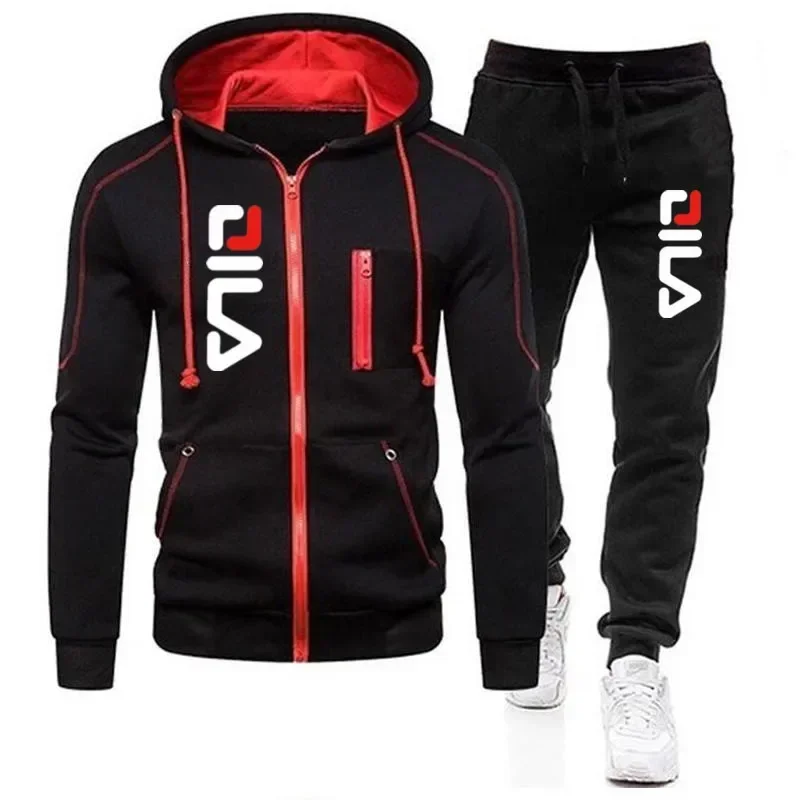 New Autumn And Winter Men's Hooded Jacket Sportswear Set, fashionable outdoor men's zipper jacket + jogging pants 2-piece set
