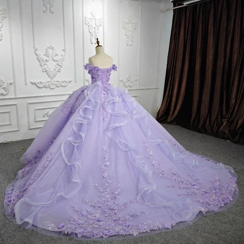 ANGELSBRIDEP-Vestidos Quinceanera com Flores 3D, Vestido de Baile Renda, Doce 16 e 15 Anos Doce e Vestido de Aniversário, Lavanda Lilás