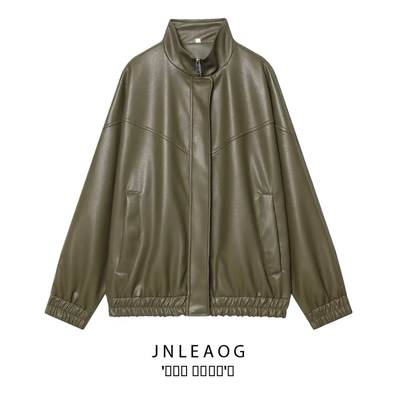 Faionable Stand Kraag Pilot Jaet Jas Dames Herfst Nieuwe Sle JNLEAOG 30027 PU Leer Lange Sve Ritssluiting