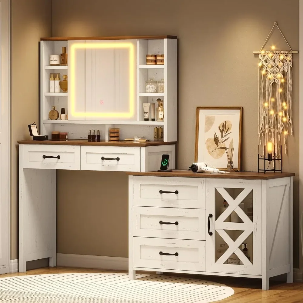 Vanity with Glass Top, Charging Station, Touch Screen Mirror and Lights, 5 Drawers & Shelves & Cabinet, Farmhouse Makeup Vanity