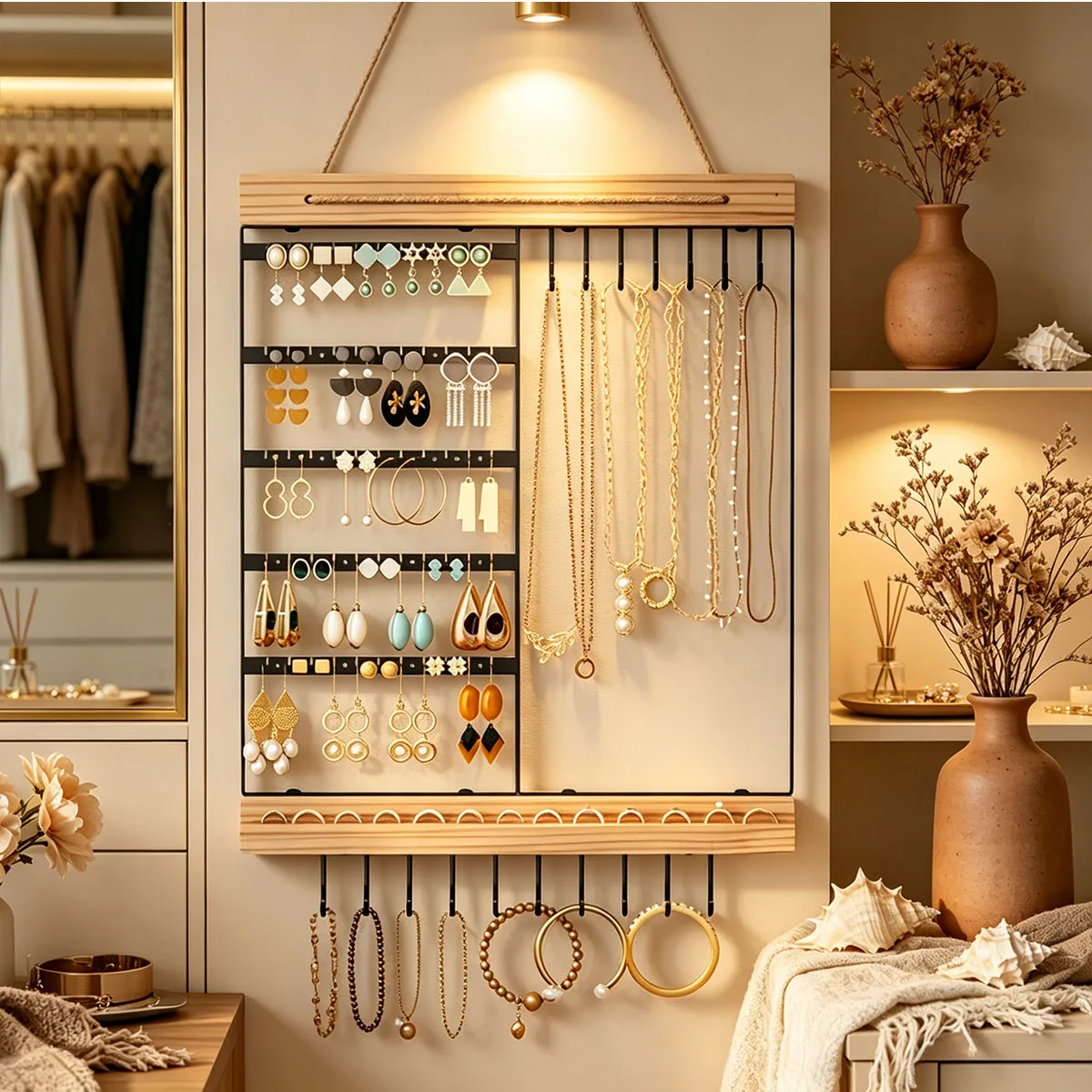 Bohemian Style Light Luxury Wall-Mounted Jewelry Display Rack Fixed Wooden Iron Jewelry Hanger Earrings Necklace Bracelet Wall D