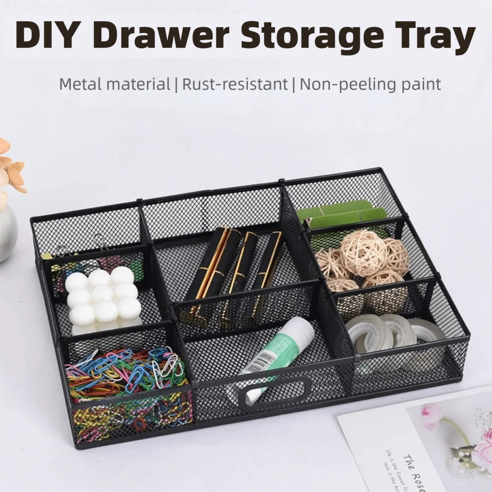 

Metal Mesh Drawer Organizer Black Multi-Compartment Desk File Organizer Space Saving Removable Desktop Storage Box Kitchen