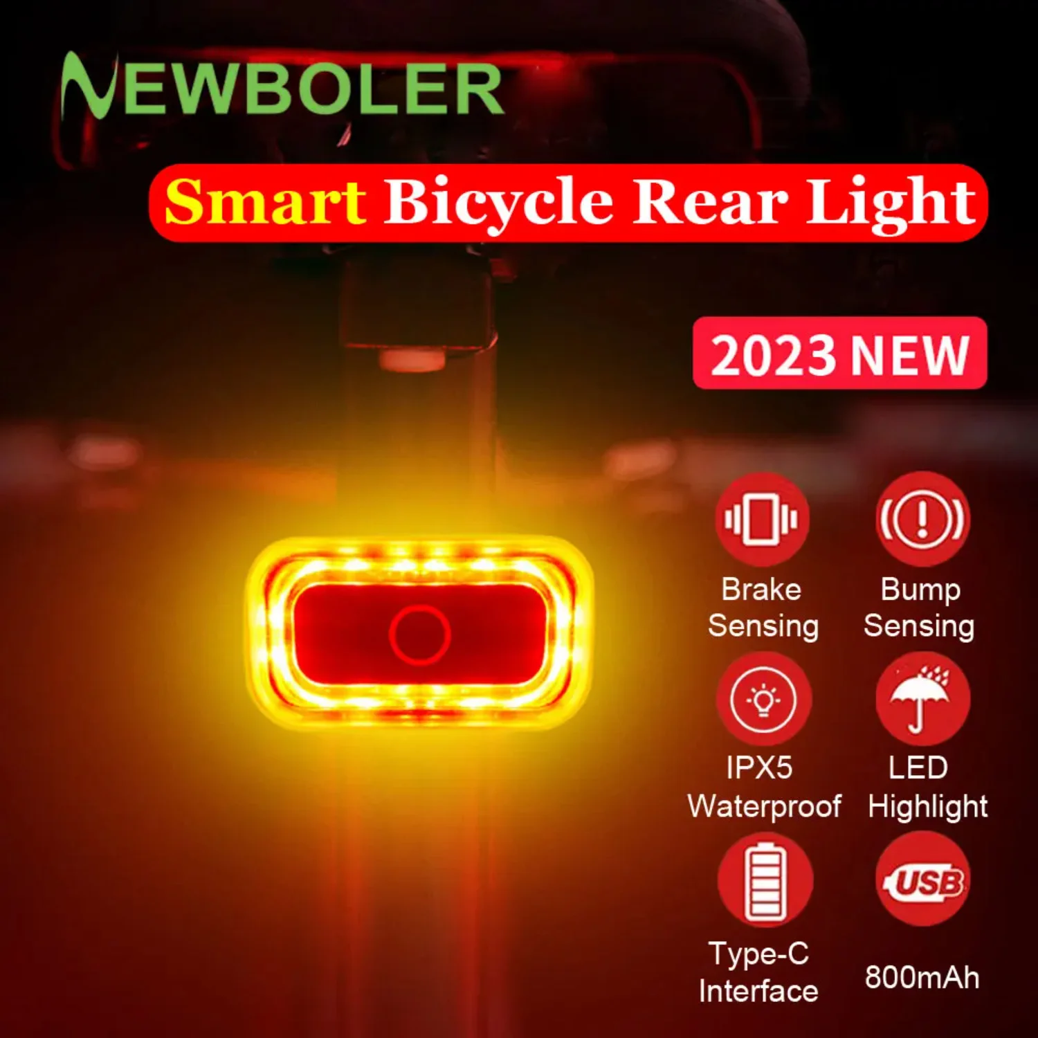 Smart Bicycle Rear Light Auto Start/Stop Brake Sensing IPX5 Waterproof Bicycle Taillight Type-C USB Bike Tail Light