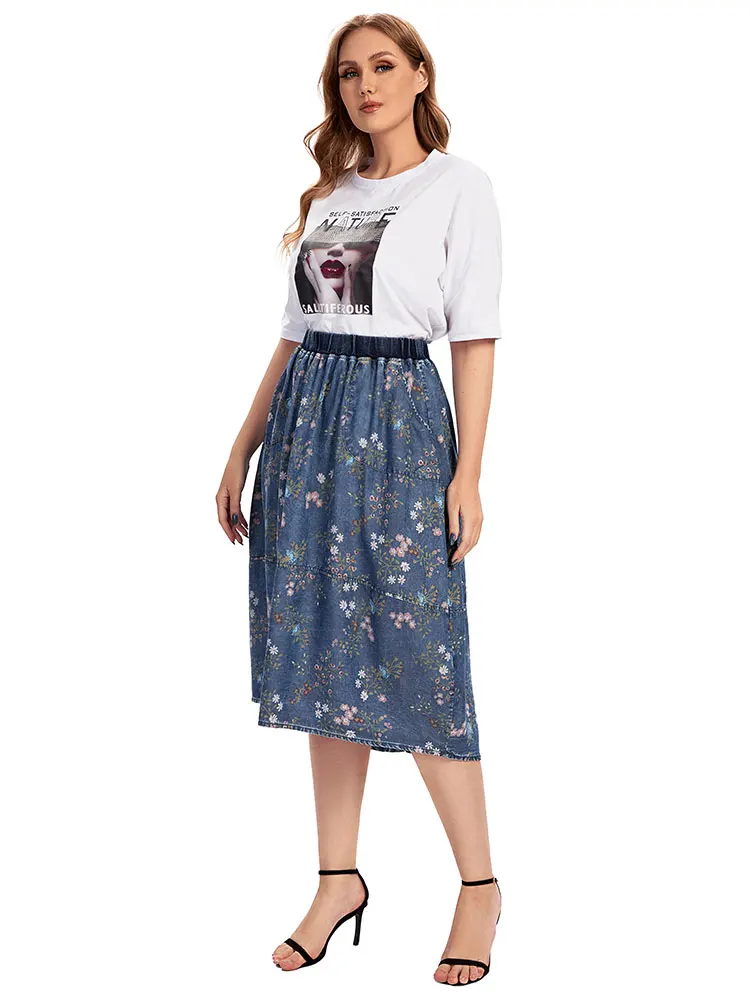 Saia jeans casual feminina plus size cintura alta linha na altura do joelho azul vintage saias largas para mulheres plus size