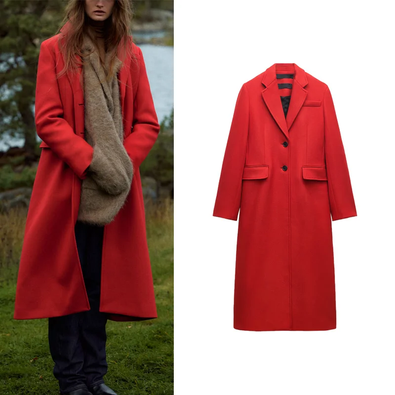 

Red Long Version mat Commuter Casual Turn-down Collar Long Sve Slim Fit Coat Jaet Autumn Winter New Arrival