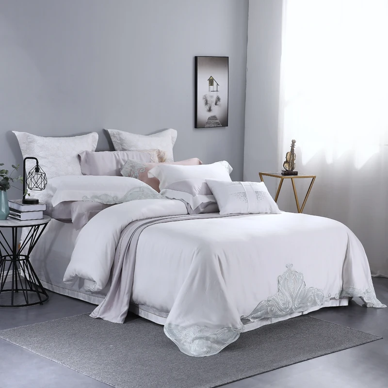 Delicate Lace Bedding Sets 1000TC Lyocell 4/7Pcs Silky Soft White Silver Duvet Cover Sheets Pillowcase Comfortable Breathable