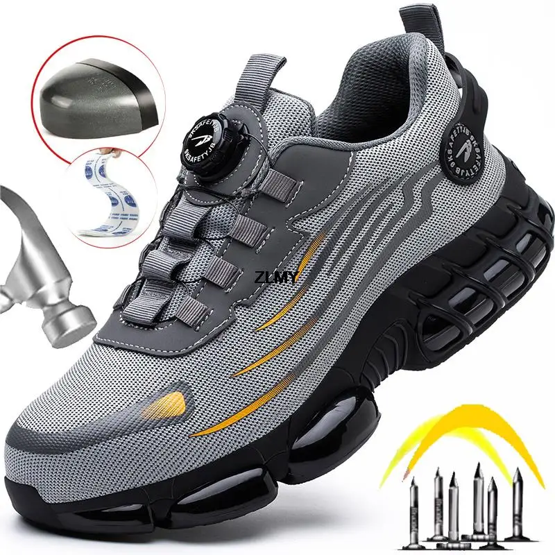 ZLMY Anti-slip Safety Shoes Men Steel Toe Sneaker Puncture Proof Rotary Button Safety Work Boots Man Sport Work Shoes Anti-smash