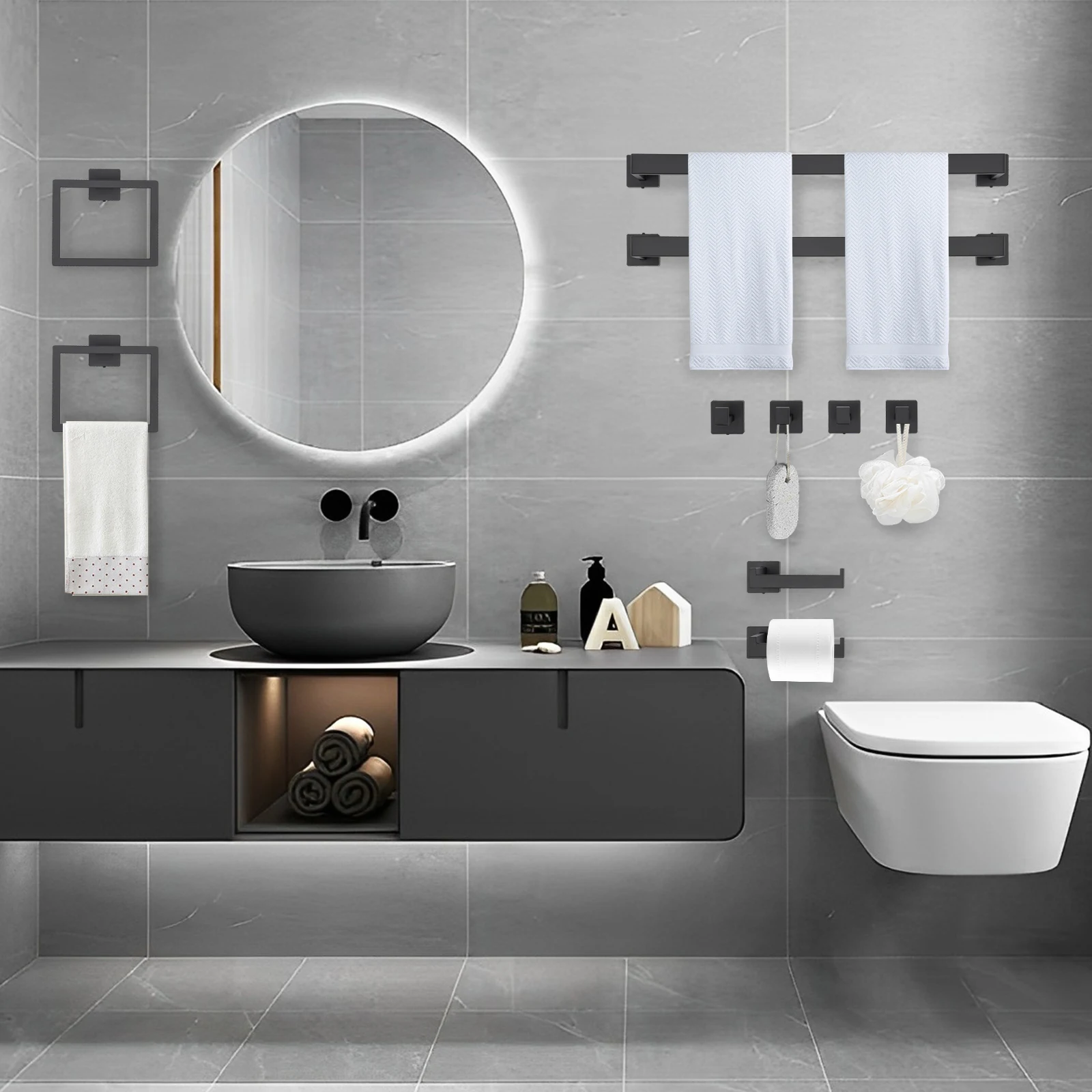 

10PCS Matte Black Wall-Mount Bathroom Accessories Set,Stainless Steel Toilet Paper Holder Towel Rack Soap Dispenser for Bathroom