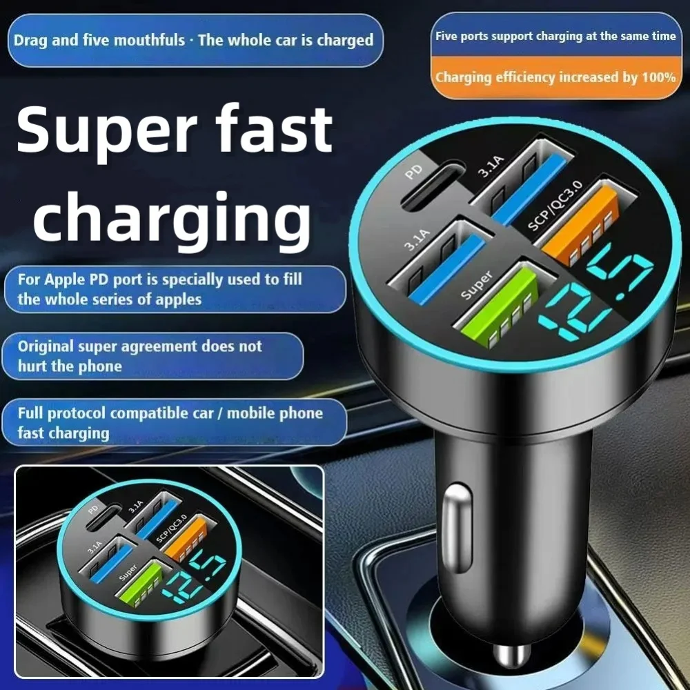 5 in-1 PD 15W Car Charger Super Fast Charging Type C 5 Ports For iPhone 15 14 Xiaomi Samsung Huawei Universal for All Car Models