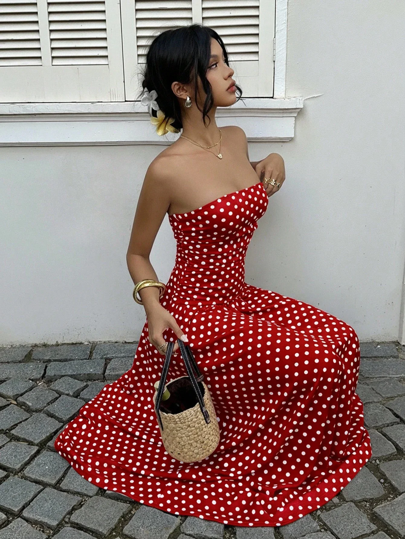 

SummerRed Polka Dot Strapless Maxi Dress For Women Casual Vacation Dress
