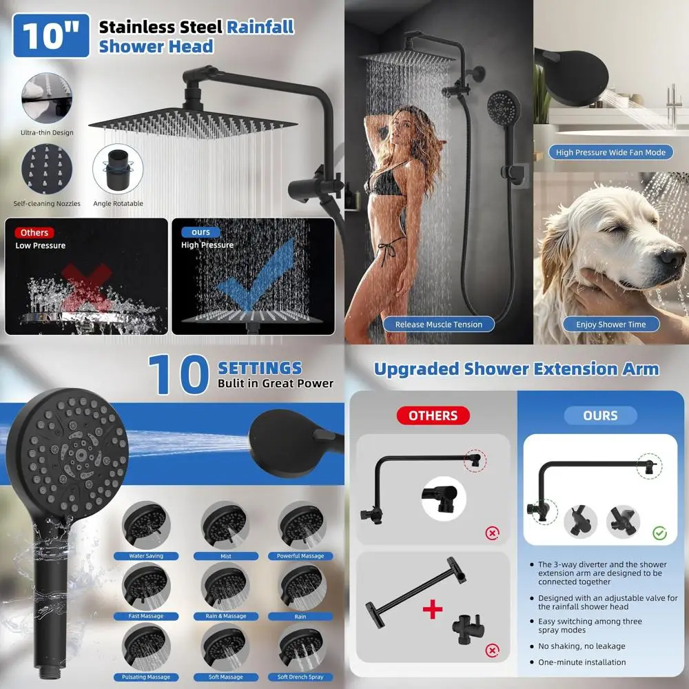 

10 Matte Black Shower Combo with 11 Extension Arm, 10-Spray Handheld, 71 Hose, 3-Way Diverter