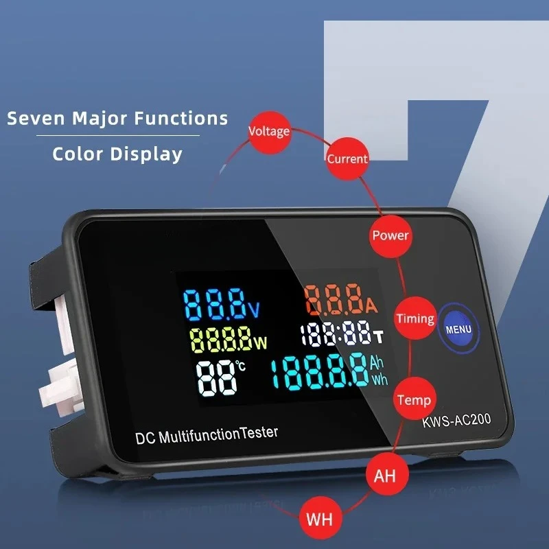 DC200 digital voltmeter DC 0-200V voltage seven function energy meter LED color display wattmeter 0-10/50/100A